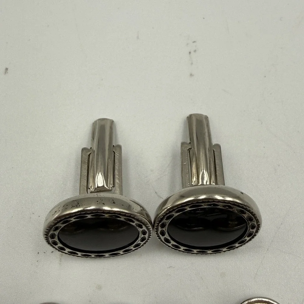 Vintage Broadway Tux Makers Black Cufflinks Shirt Stud Set Silver Tone 8 Piece